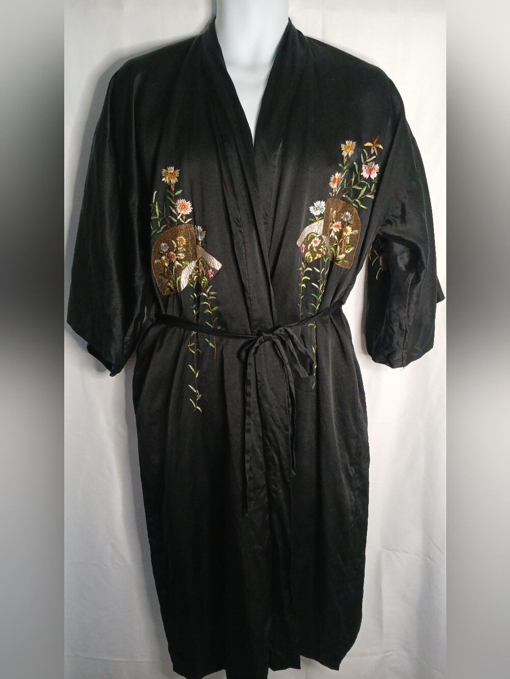 Black Embroidered Silk Kimono Robe - Women Intimates & Sleepwear